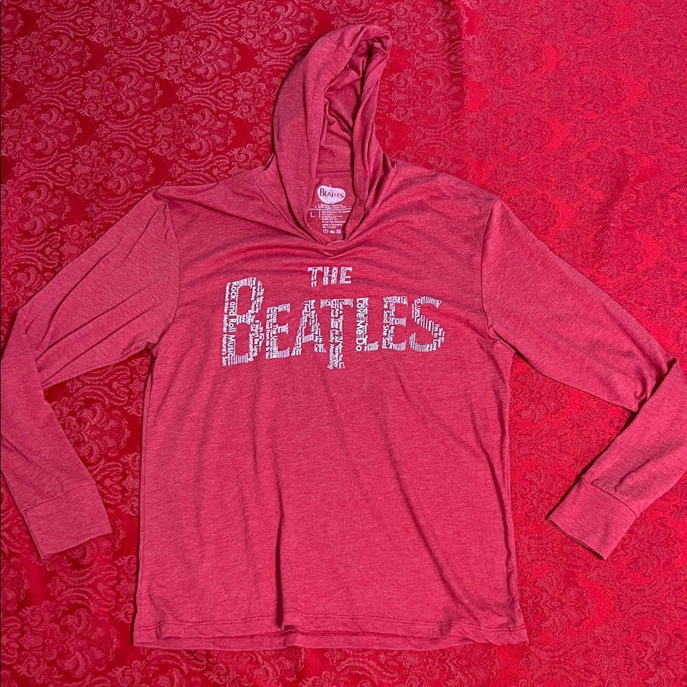 The Beatles Red Graphic Hoodie Men’s Large Song Titles Logo Official Band Merch